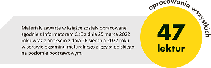 Materiały zawarte w książce zostały opracowane zgodnie z Informatorem CKE z dnia 25 marca 2022 roku wraz z aneksem z dnia 26 sierpnia 2022 roku w sprawie egzaminu maturalnego z języka polskiego na poziomie podstawowym.